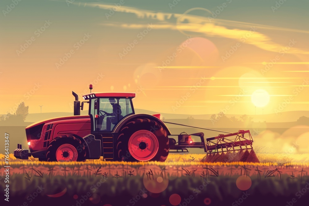 Obraz premium irrigation tractor driving spraying or harvesting an agricultural field