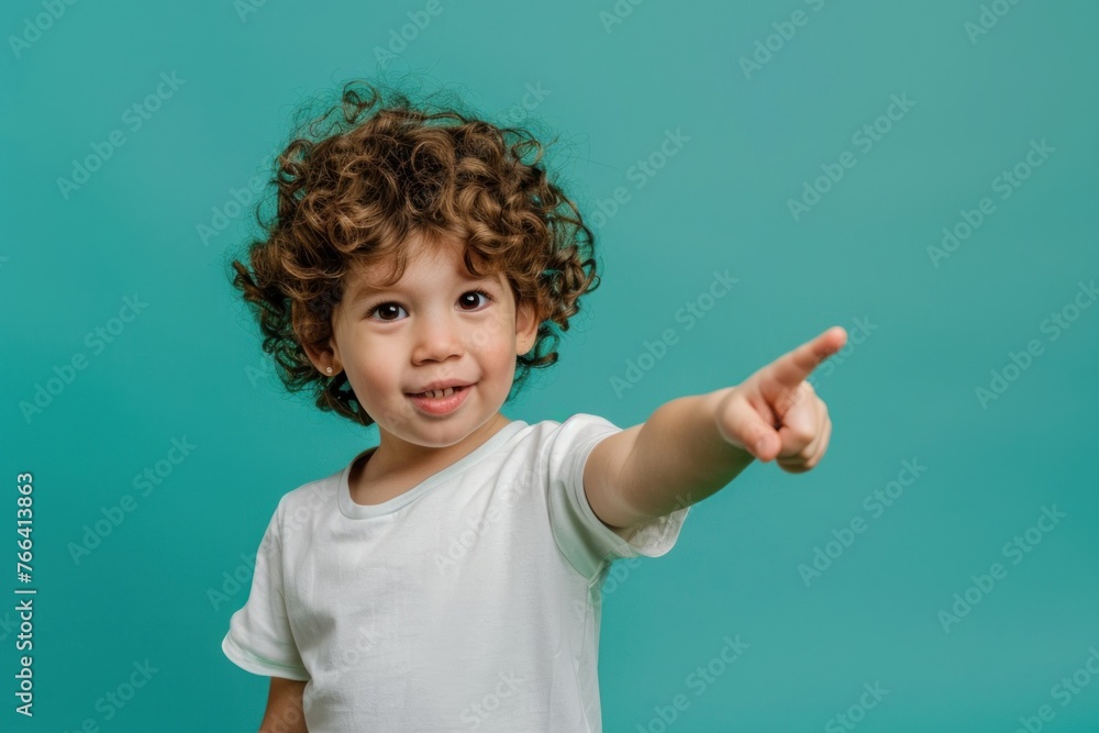 Joyful kid with curly hair pointing finger isolated on color background Joyful kid with curly hair pointing finger isolated on color background