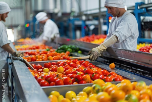 Industrial workers in a food processing plant sorting and packaging fruits and vegetables