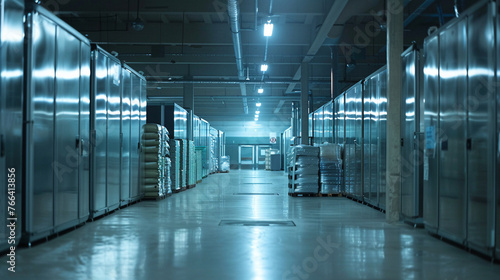 Inside the chilly expanse of a large warehouse industrial freezers hum with efficiency preserving goods at subzero temperatures photo