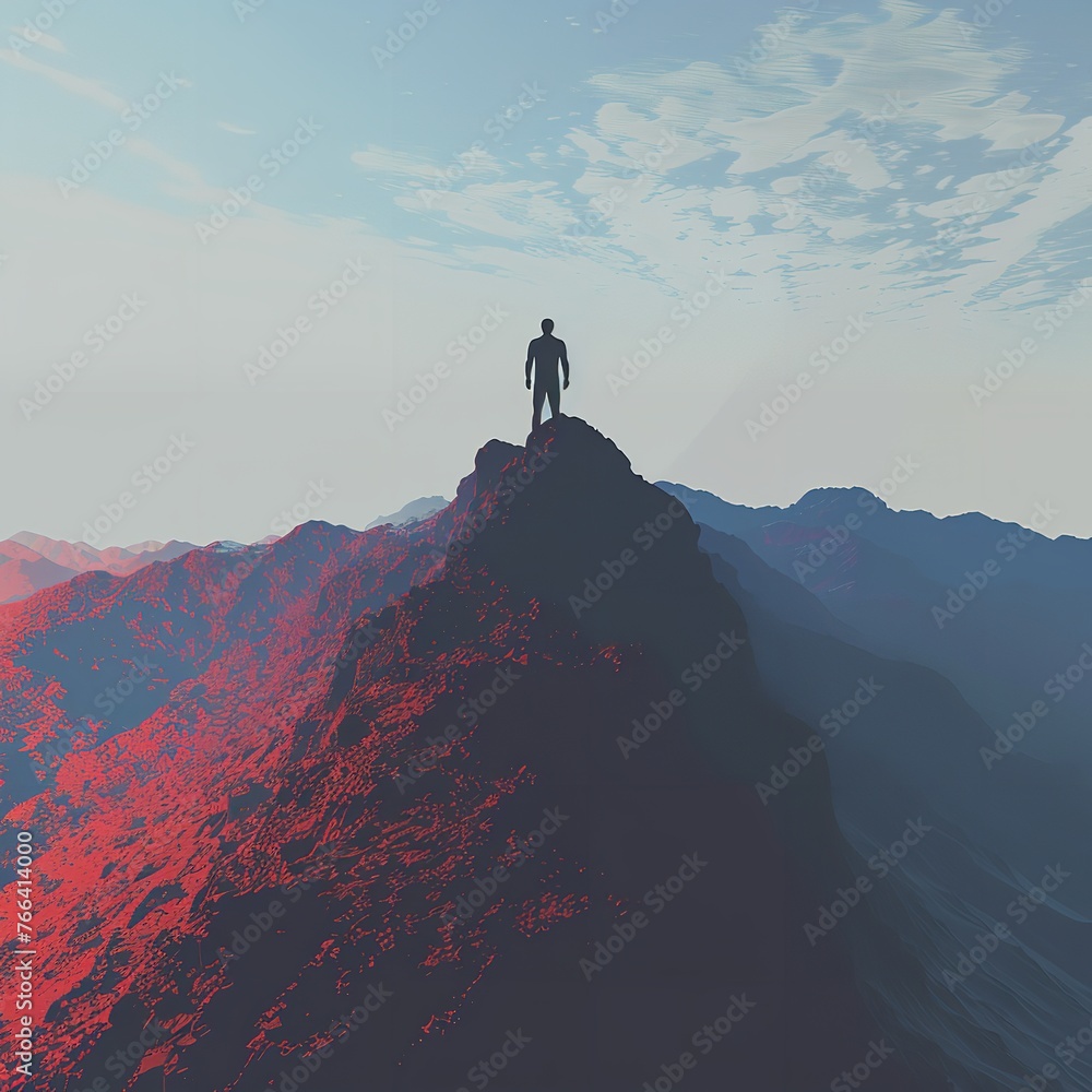 The outline of a man standing atop a mountain summit.