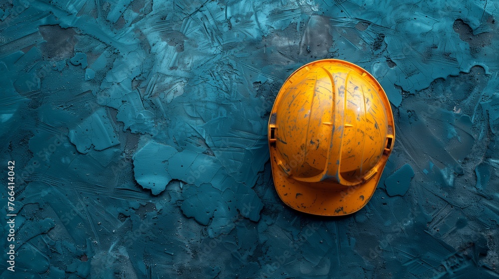 Construction concept: top view of a used yellow safety helmet on a textured dark blue industrial background with copy space