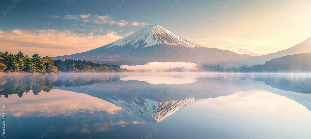 Mt Fuji in the early morning with reflection on the lake kawaguchiko - obrazy, fototapety, plakaty 