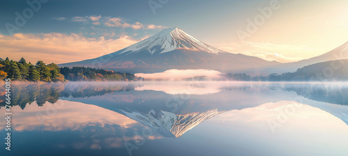 Mt Fuji in the early morning with reflection on the lake kawaguchiko #766414085