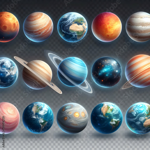 set of planets in space. globe, earth, world, sphere, vector, ball, planet, icon, design, illustration, map, space, symbol, web, global, glass, 3d, set, business, circle, Ai generated 
