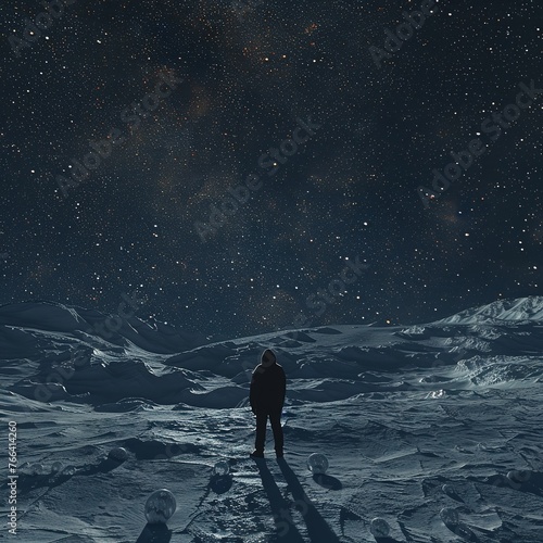 A man stands with his back to the viewer on a snowy terrain under a star-filled sky.