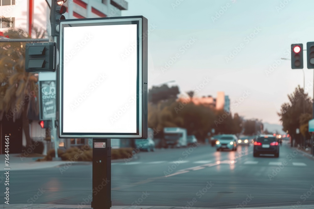 Mockup of Blank digital signboard on roadside, Empty signboard on street with traffic spring Mockup of Blank digital signboard on roadside, Empty signboard on street with traffic spring