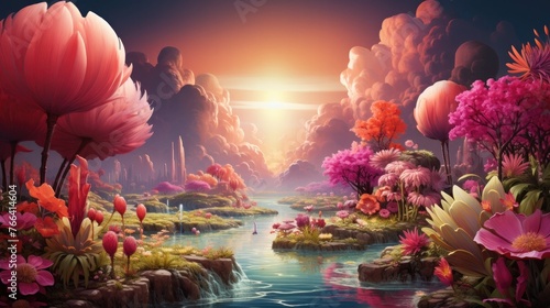 Vibrant and Enchanting Modern Fantasy Landscape with Surreal Floral Elements and Whimsical Waterfalls