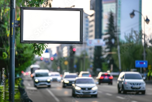 Mockup of Blank digital signboard on roadside, Empty signboard on street with traffic spring photo