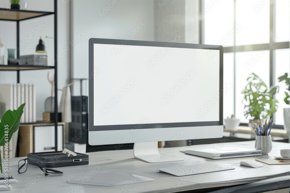 Fototapeta premium Modern bright office with work desk and computer white mockup screen