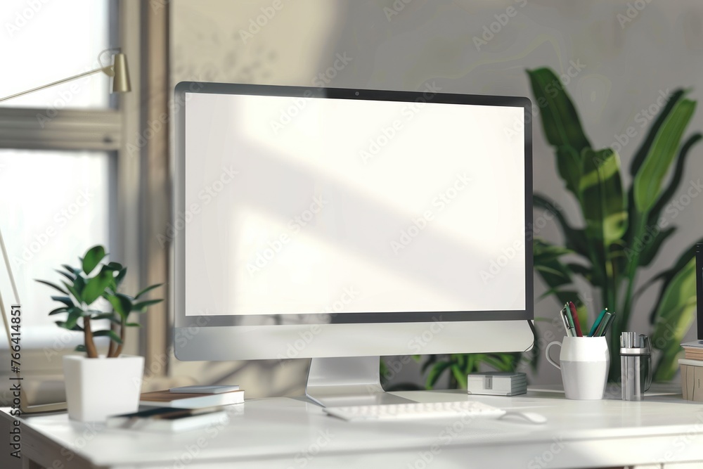 Modern bright office with work desk and computer white mockup screen Modern bright office with work desk and computer white mockup screen