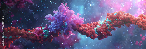 Vivid digital artwork depicts twisting DNA helix with vibrant pink and blue hues against a cosmic backdrop, illustrating genetic complexity