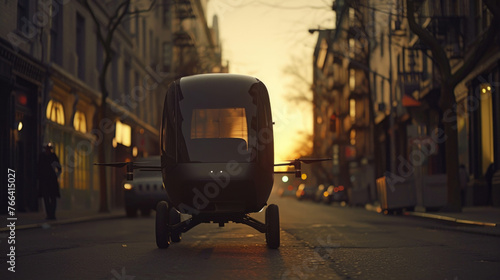 A self-piloting drone taxi prepares for landing on a city street bathed in the warm glow of the setting sun