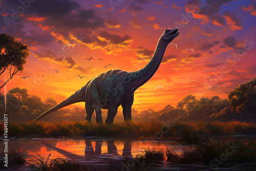 Mesozoic Majesty: The Awe-Inspiring Apatosaurus against a Prehistoric Landscape under Twilight Sky © Adeline