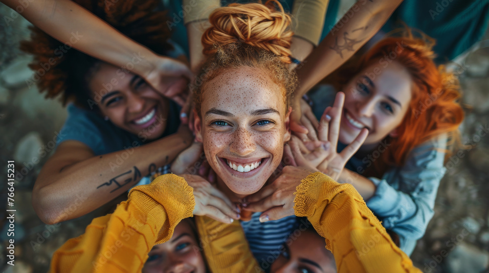 Obraz premium A group of women are smiling and hugging each other