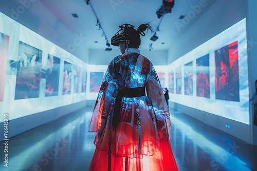 High-end virtual fashion exhibition, with avant-garde outfits that merge traditional luxury with digital innovation, set against the backdrop of a futuristic art gallery, editorial photography style
