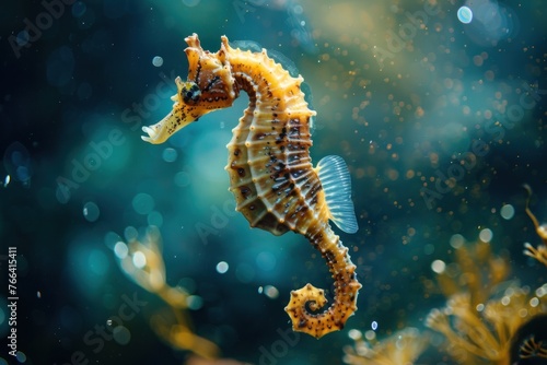 photo of a Seahorse floating under water in the sea splashing