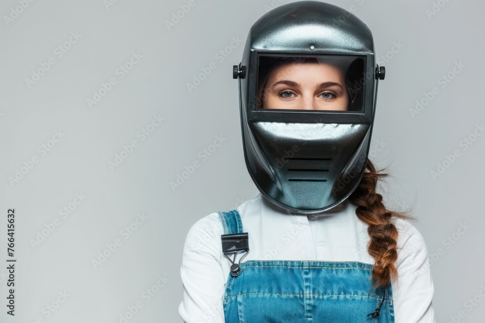 Portrait of a Woman in welding helmet isolated on a white background Portrait of a Woman in welding helmet isolated on a white background