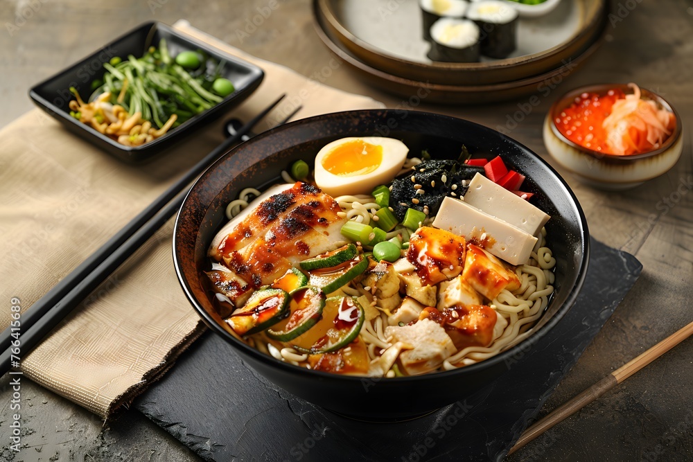 Ramen Noodle on Bowl, side View of Japanese Food with Beef, Egg, Noodle, Black Background Ramen Noodle on Bowl, side View of Japanese Food with Beef, Egg, Noodle, Black Background