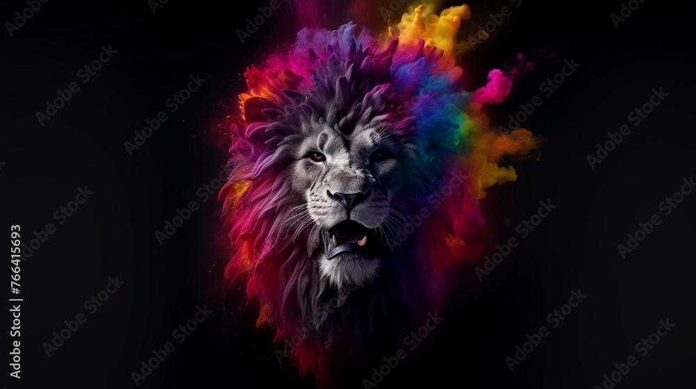 Lion head in colorful powder cloud isolated on black background. 3d illustration