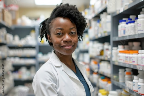 portrait of an afro american female pharmacist standing in front of shelfs with medication