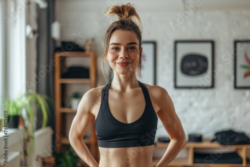 Portrait of beautiful woman doing exercise at home photo
