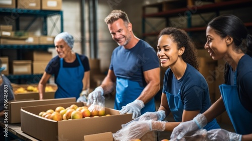 Happy Multiracial volunteers dressed in a blue T-shirt pack groceries in boxes. Volunteering, social assistance to the poor and needy, Charitable organization concepts.