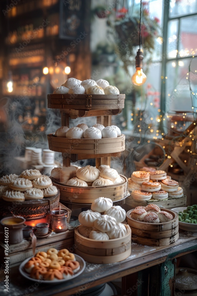 Atmospheric Bakery with Steaming Baskets of Assorted Buns