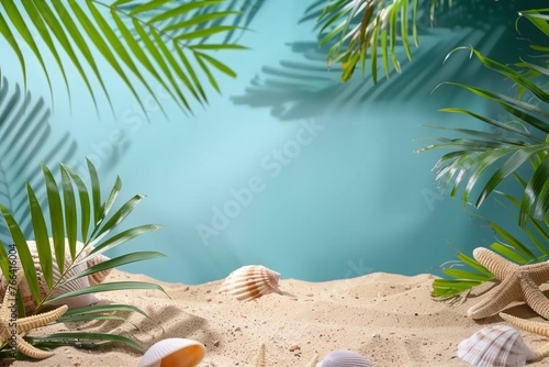 Symbolic tropical sandy beach with blue background, palm leaves sea shells and starfish and empty space for product advertisement Montage of summer relaxation background. generative ai.