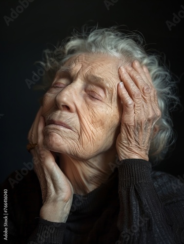 Elderly Woman Gently Massaging Tension Away from Her Head Generative AI