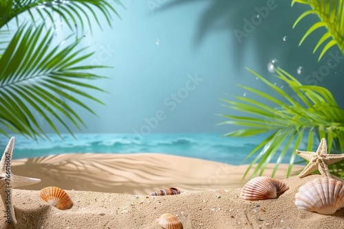 Symbolic tropical sandy beach with blue background, palm leaves sea shells and starfish and empty space for product advertisement Montage of summer relaxation background. generative ai.