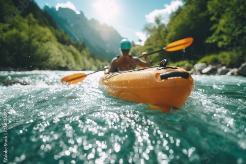 Extreme sport kayak sails mountain river with sun light © Igor