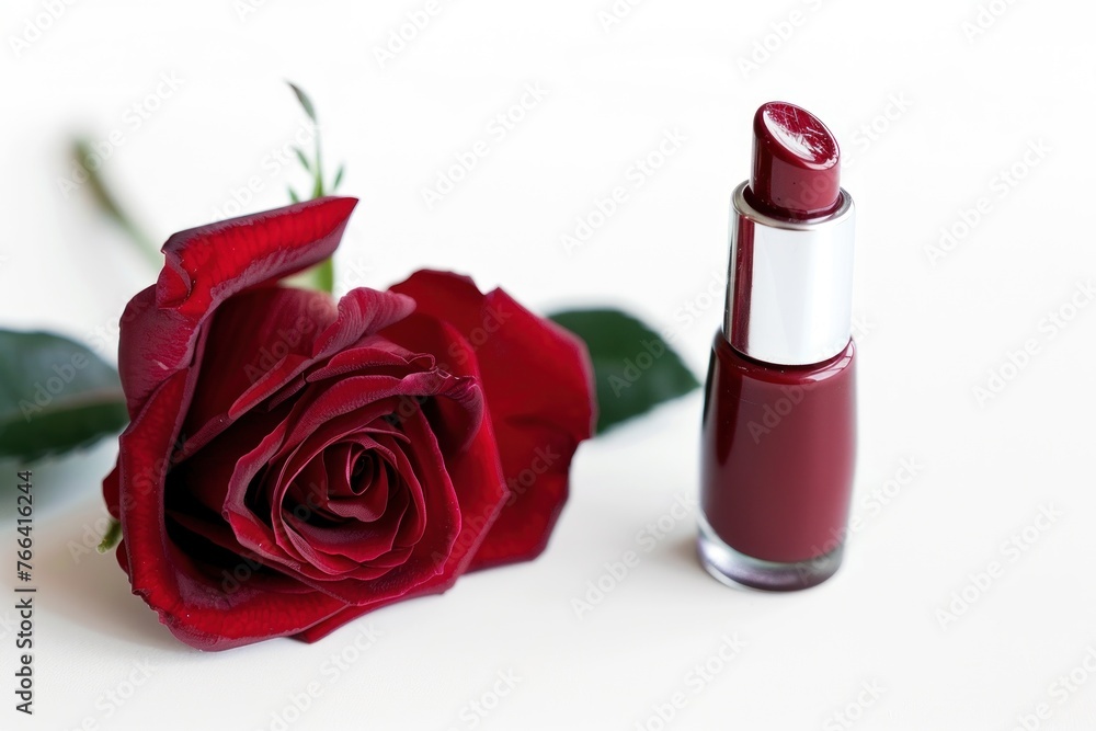 red tone lipstick and rose on white background red tone lipstick and rose on white background