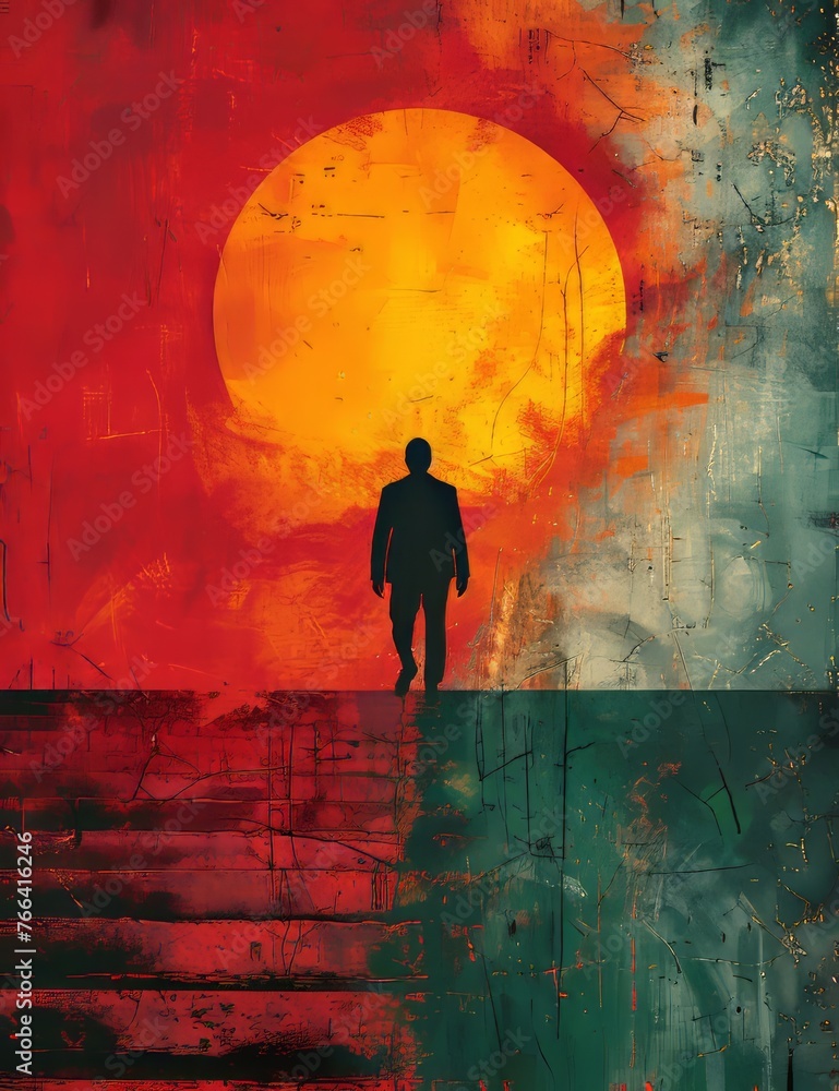 Obraz premium Solitary Figure Before a Vibrant Sunset on Textured Background