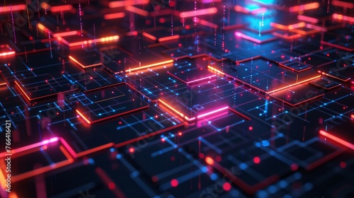 Futuristic neon grid technology: a dynamic tech background infused with neon brilliance and structured gridlines, enhancing futuristic visualizations.