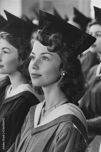 Nostalgic Graduation: Timeless Portrait of Woman at Commencement Wearing a Cap and Gown, 1950's Style Education
