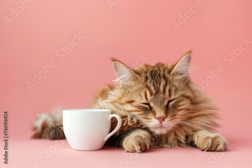 sleepy cute cat, holding cup of coffee Isolated on solid color background