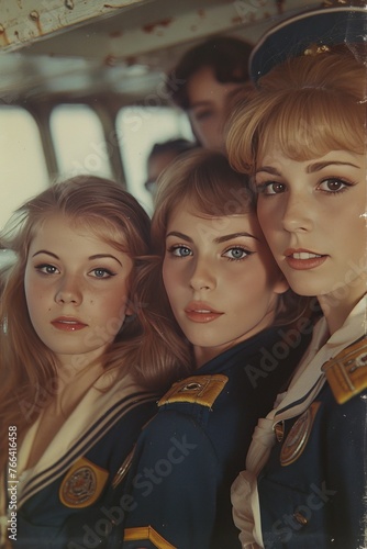Vintage Cadet Elegance: Trio of Young Women in Naval Uniforms