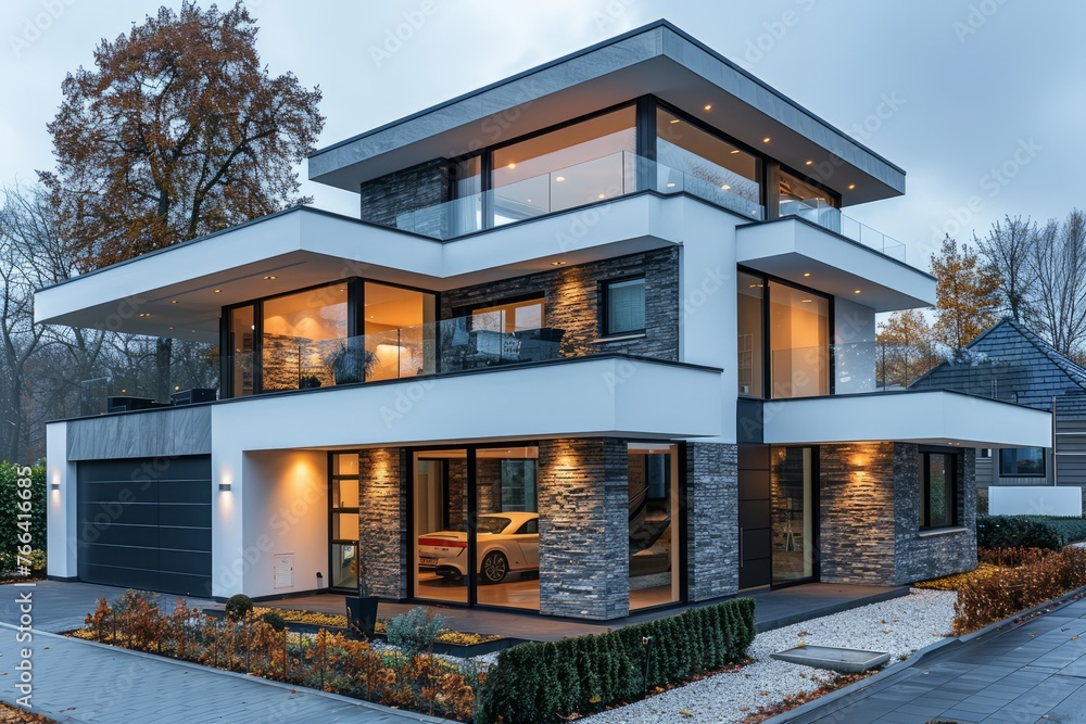 Modern Luxury Home with Stone Accent Walls and Glowing Interior Lights Modern Luxury Home with Stone Accent Walls and Glowing Interior Lights