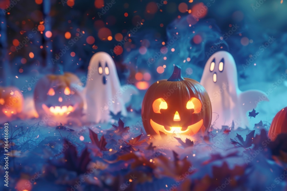 Fototapeta premium Halloween pumpkins and ghosts background