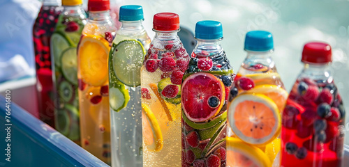 A vibrant assortment of fruit-infused water bottles stored in a cooler, prepared to quench beachgoers' thirst on sweltering summer days