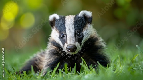 Wild Cute Badger in Grass, Close Up, Front View, Green Bokeh Background © wayne