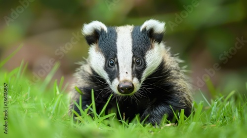 Close-up of a European Badger in Lush Green Grass