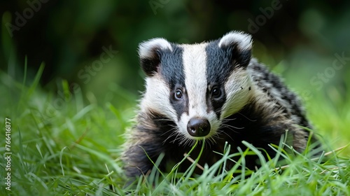 Close-up of a European Badger in Lush Green Grass © wayne