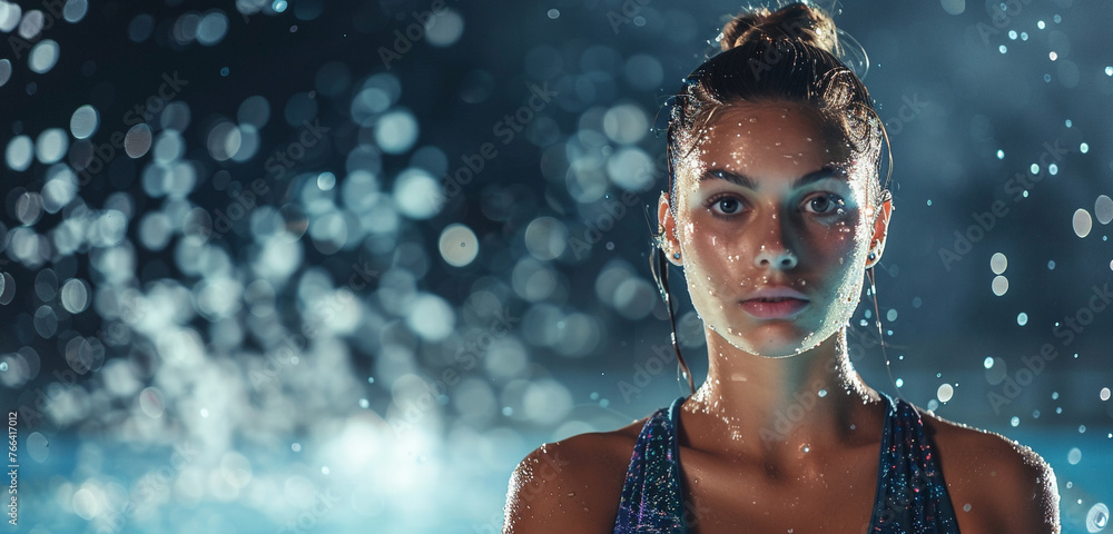 Confident young woman wearing a sport full dress looking to camera during a synchronized swimming routine