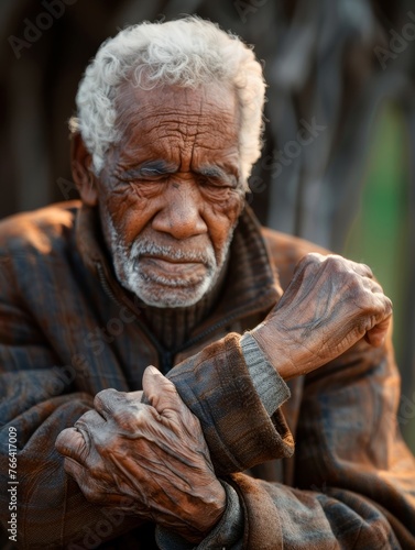 Elderly Man Showing Painful Pisiform Bone Outside Wrist Generative AI photo