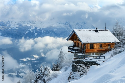wooden house on the top of a snowy mountains