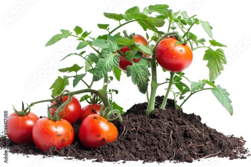 Tomato bush grow from fertile soil isolated on white background