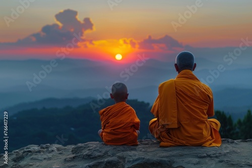 Buddhist monks young child and old senior man in meditation zen