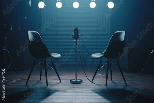 chairs and microphones in podcast or interview room
